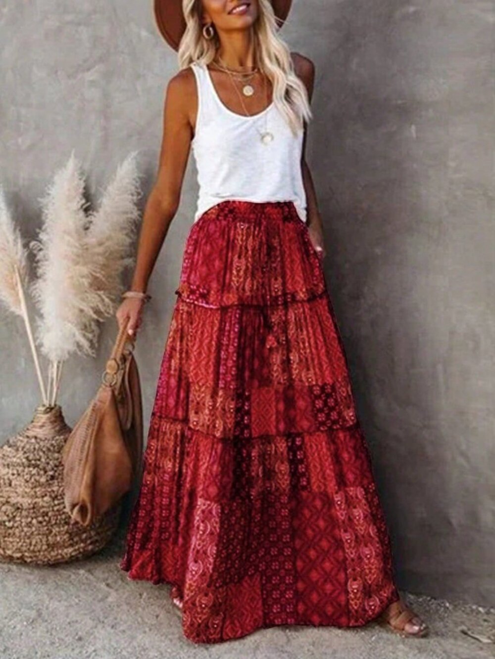 Burgundy Bohemian Women's High Waist Skirt with Floral Print Lace Hem - Picture 4 of 8